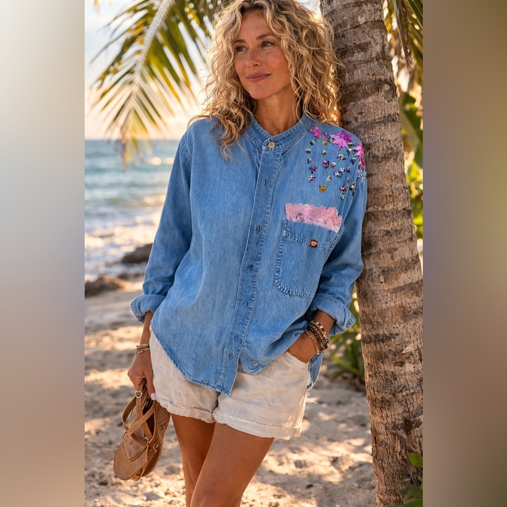 L.L. Bean Blue denim Shirt Embellished with silk ribbon embroidery.